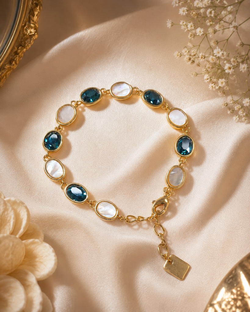 Classic Gold Blue Crystal & Mother of Pearl Anti-Tarnish Bracelet