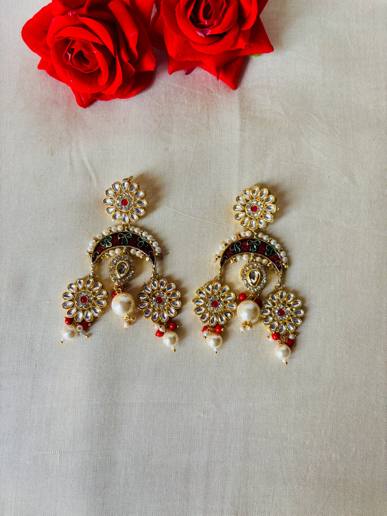 Red Green Kundan Pearl Chandbali Earrings