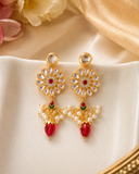 Gold Kundan Floral Dangler Earrings with Pearls & Red Crystals