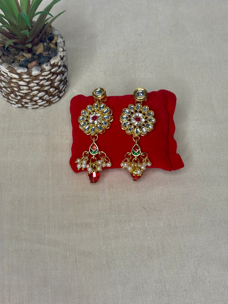 Gold Kundan Floral Dangler Earrings with Pearls & Red Crystals