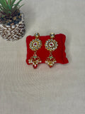 Gold Kundan Floral Dangler Earrings with Pearls & Red Crystals