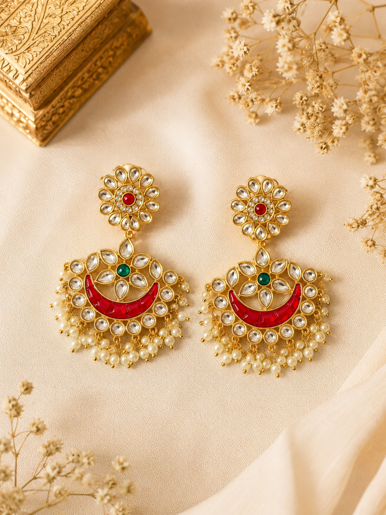 Red Kundan Pearl Chand Earrings