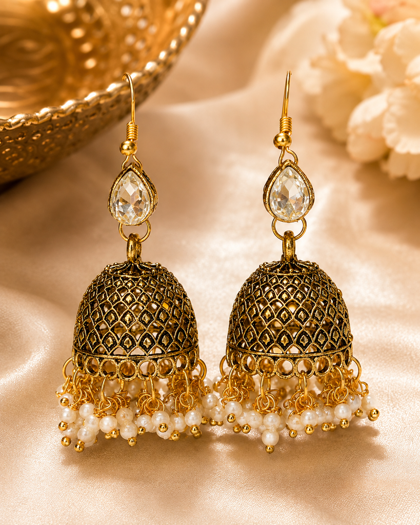 Oxidised Earrings with pearl hangings