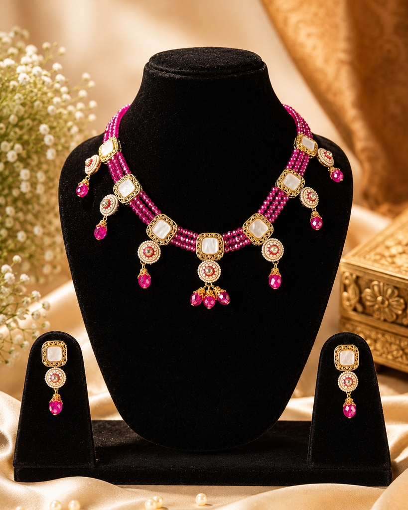 Pink Kundan Beaded Necklace Set