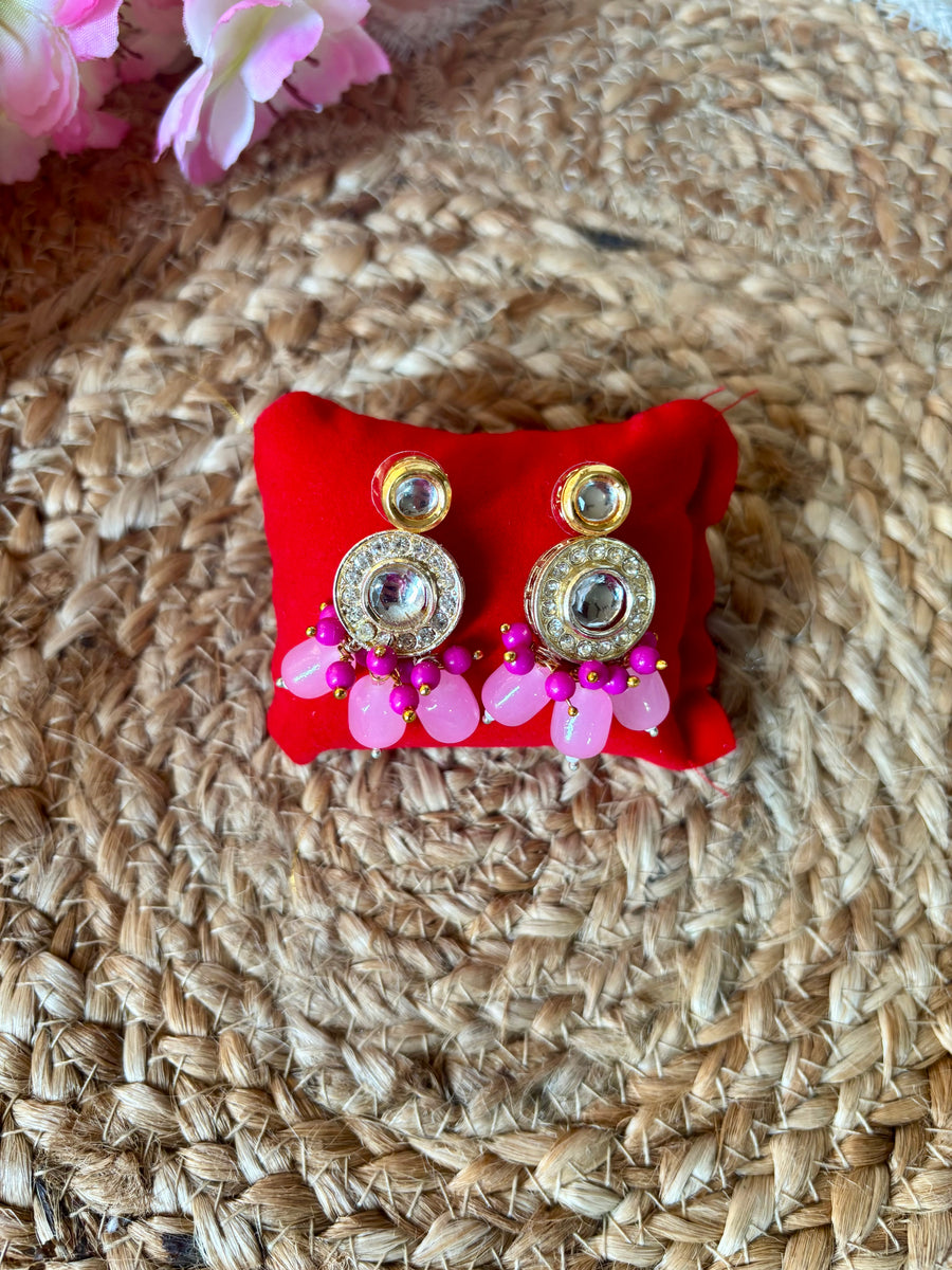 Baby Pink Kundan Beaded Drop Earrings