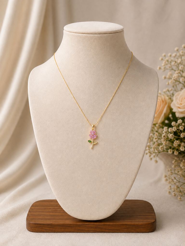 Pink Crystal Gold Floral Pendant Chain