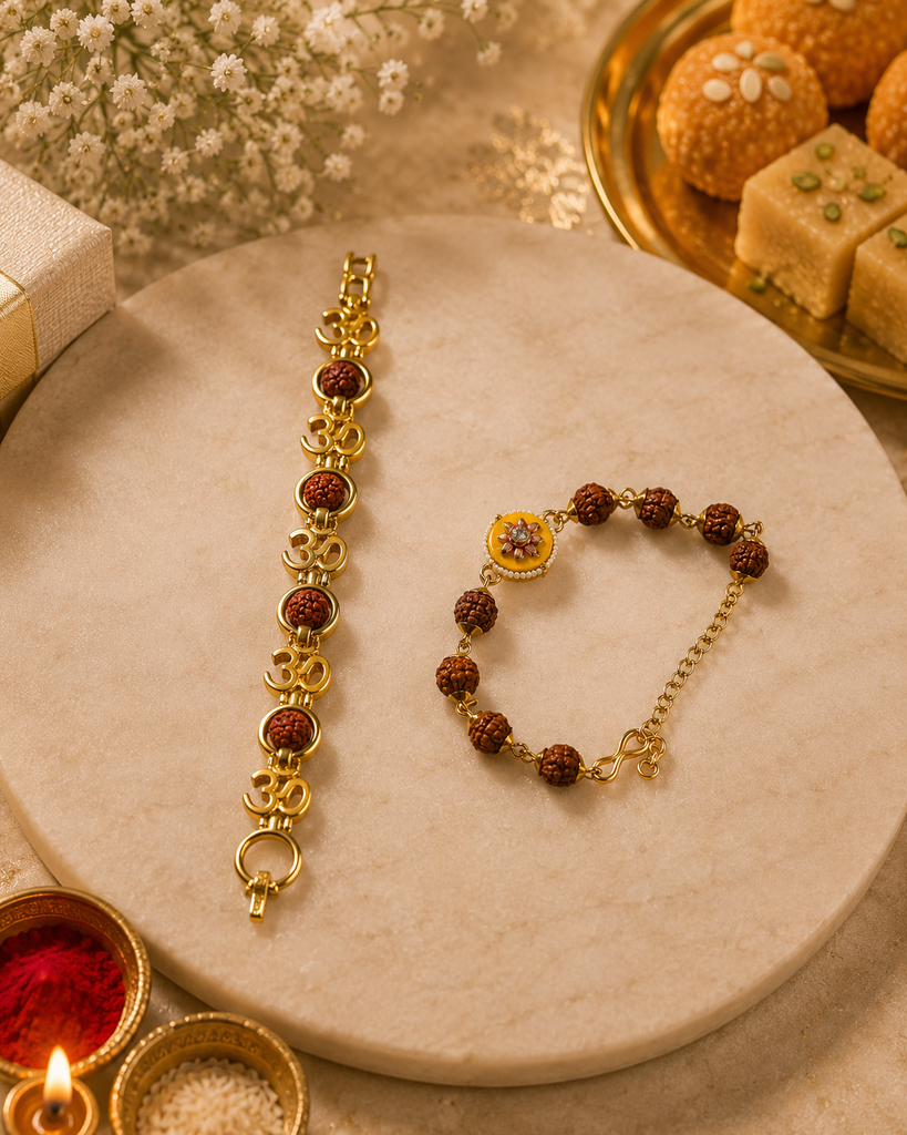 Divine Om Rudraksha Couple Bracelet Rakhi Set