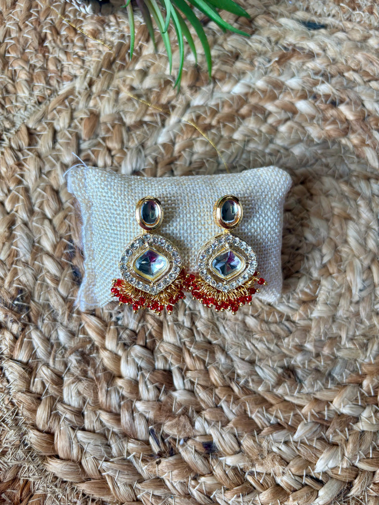 Red Beaded Kundan Drop Earrings