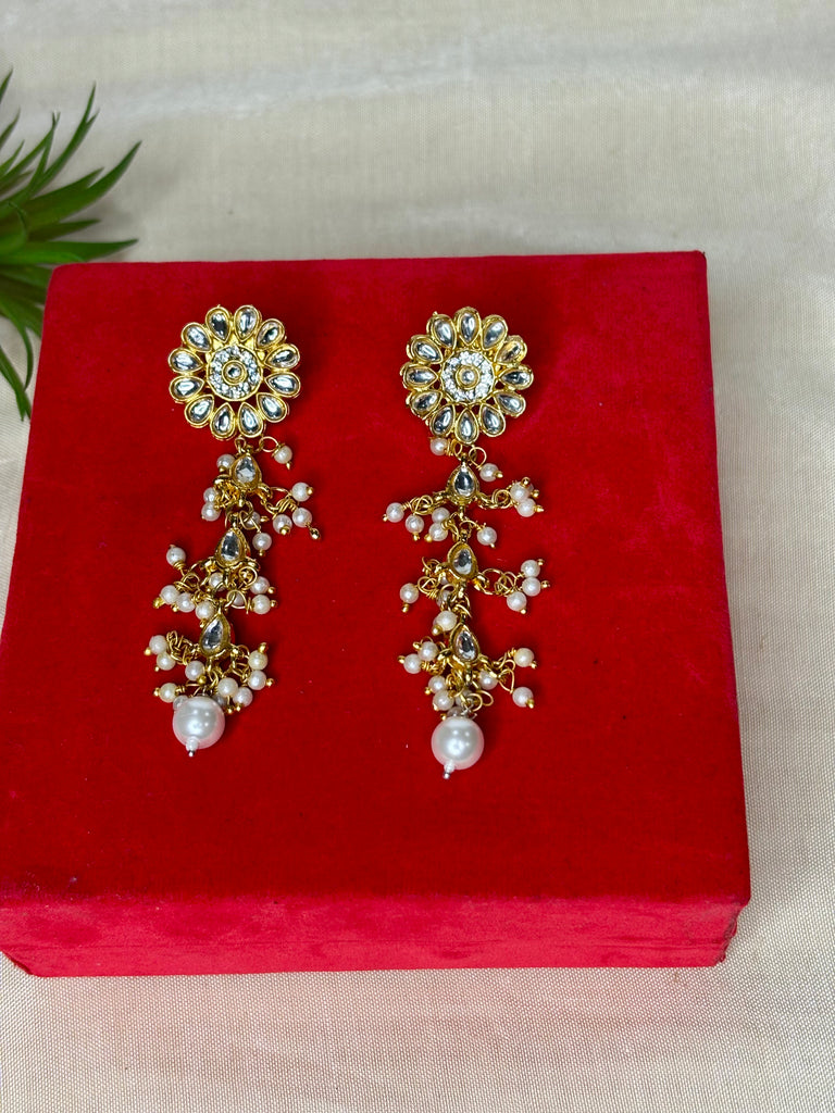 Gold Kundan Flower Pearl Drop Statement Earrings