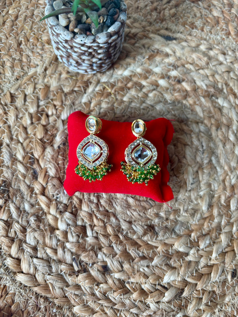 Green Beaded Kundan Drop Earrings