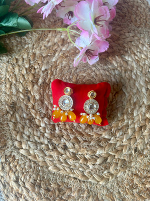 Mustard Yellow & Pearl Kundan Beaded Drop Earrings