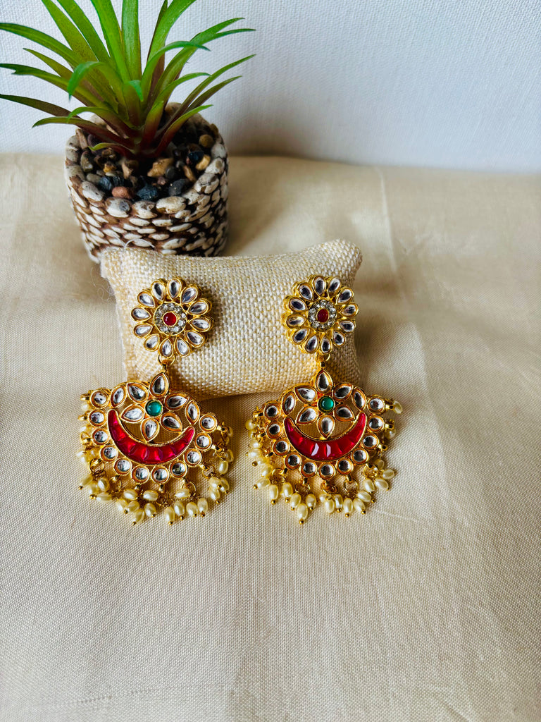 Red Kundan Pearl Chand Earrings