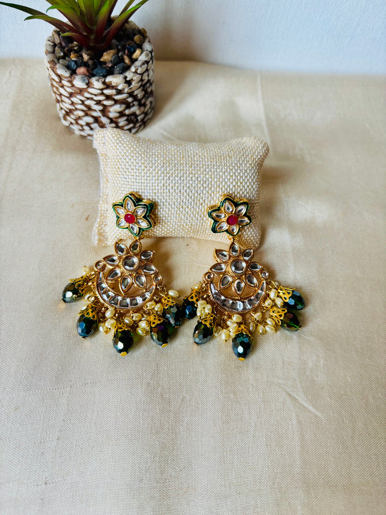 Green Beads Kundan Chandbali Earrings