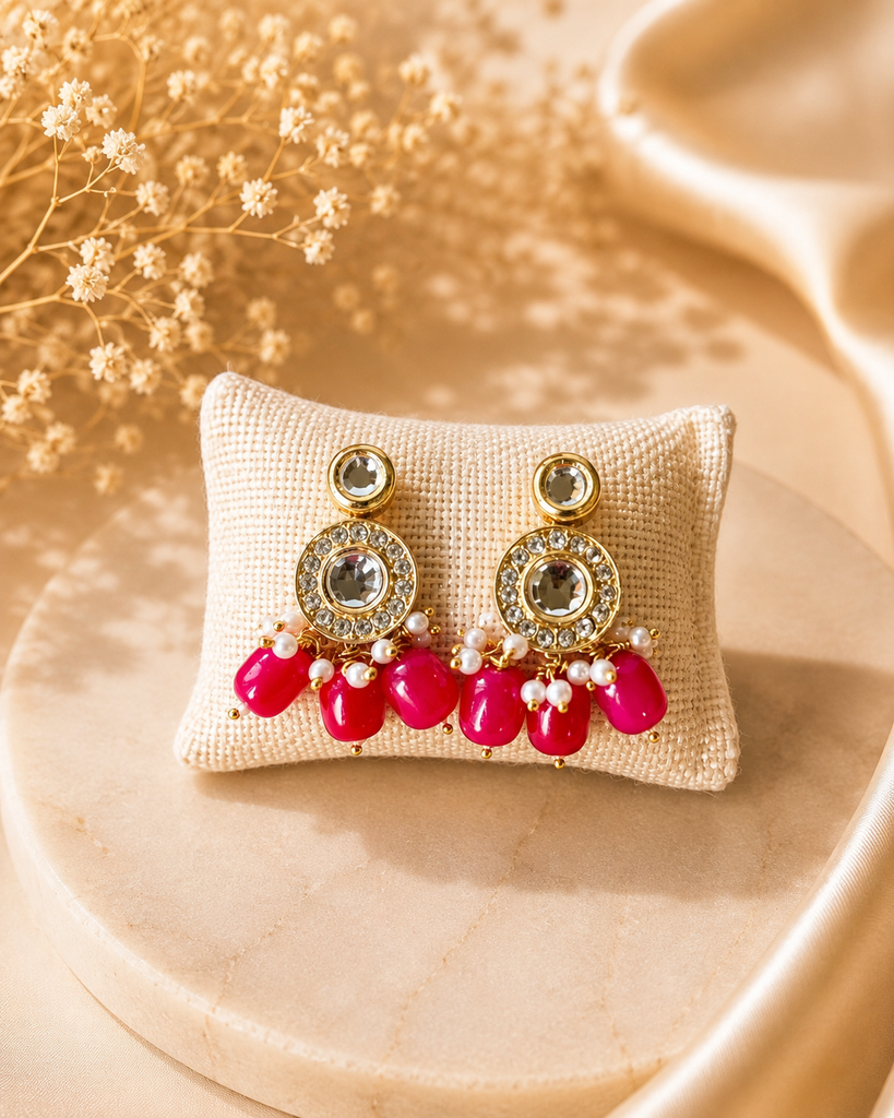 Red & Pearl Kundan Beaded Drop Earring