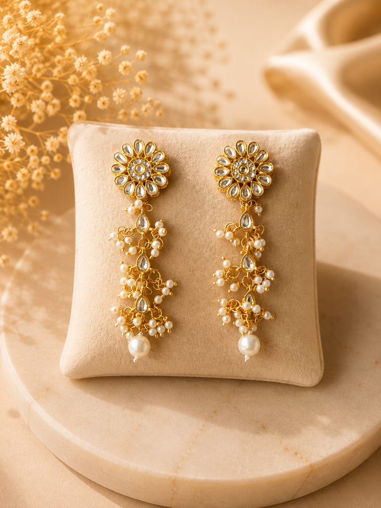 Gold Kundan Flower Pearl Statement Earrings