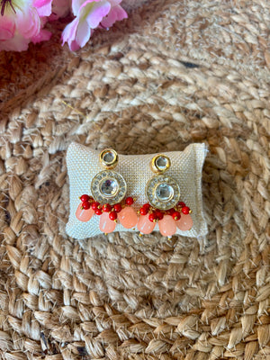 Peach & Red Kundan Beaded Drop Earrings