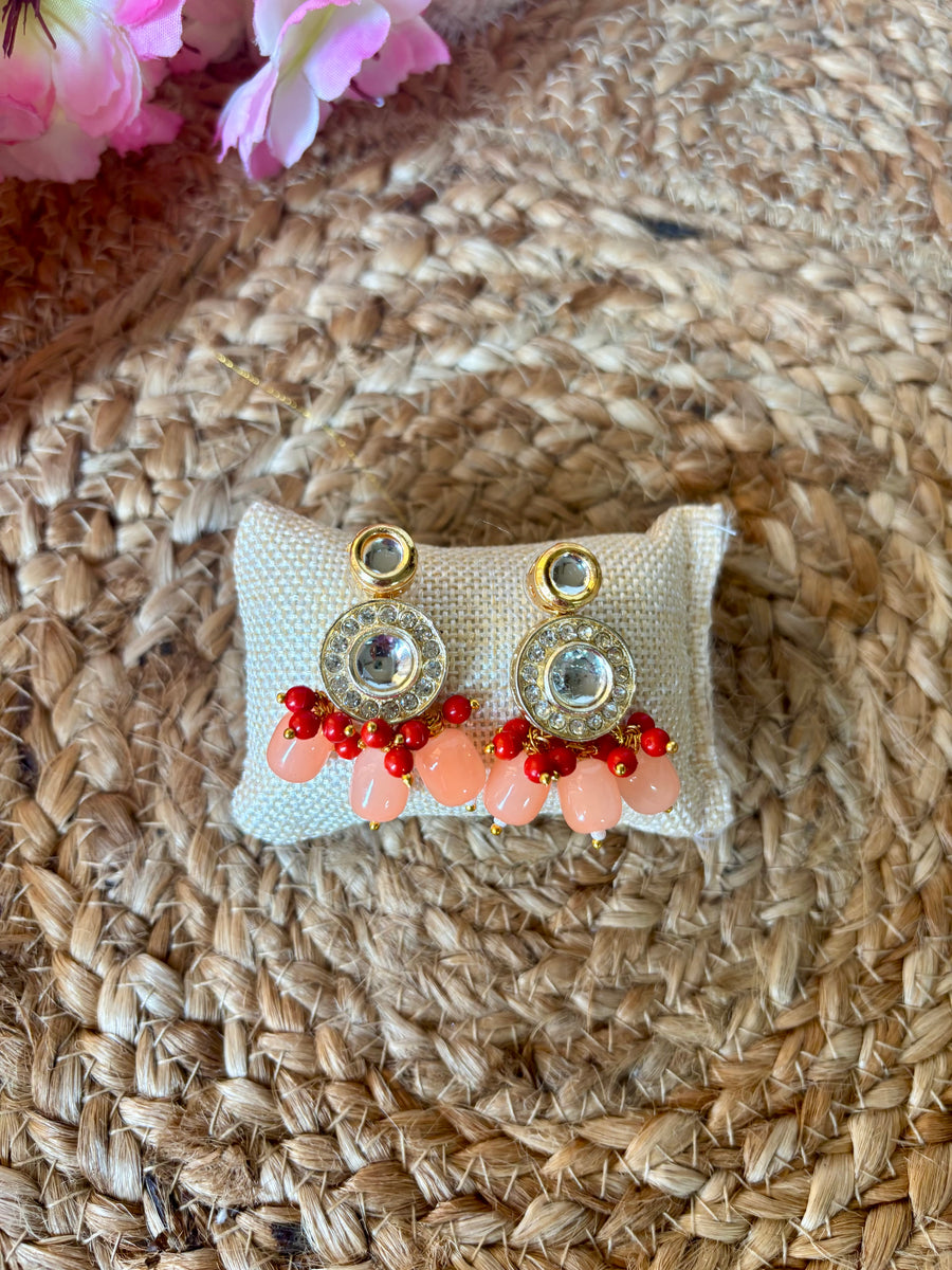 Peach & Red Kundan Beaded Drop Earrings