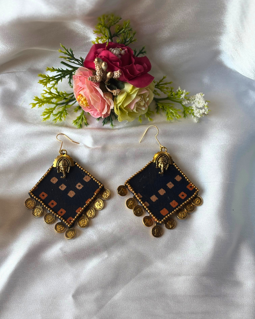 Black Fabric Earrings with Ganeshji Charm