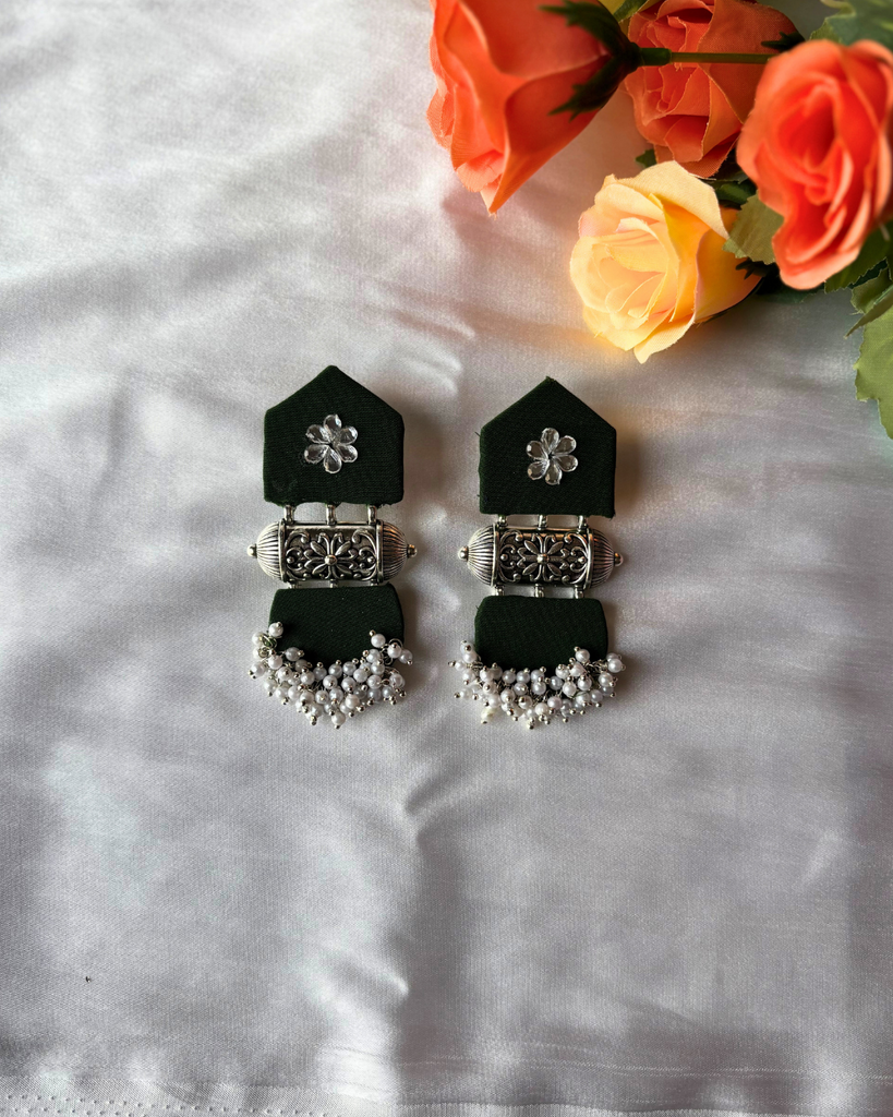 Green Silver Taveez Fabric Earrings