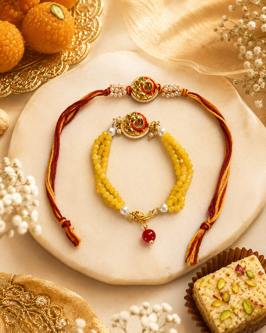 Yellow Beaded Rakhi for Bhaiya Bhabhi