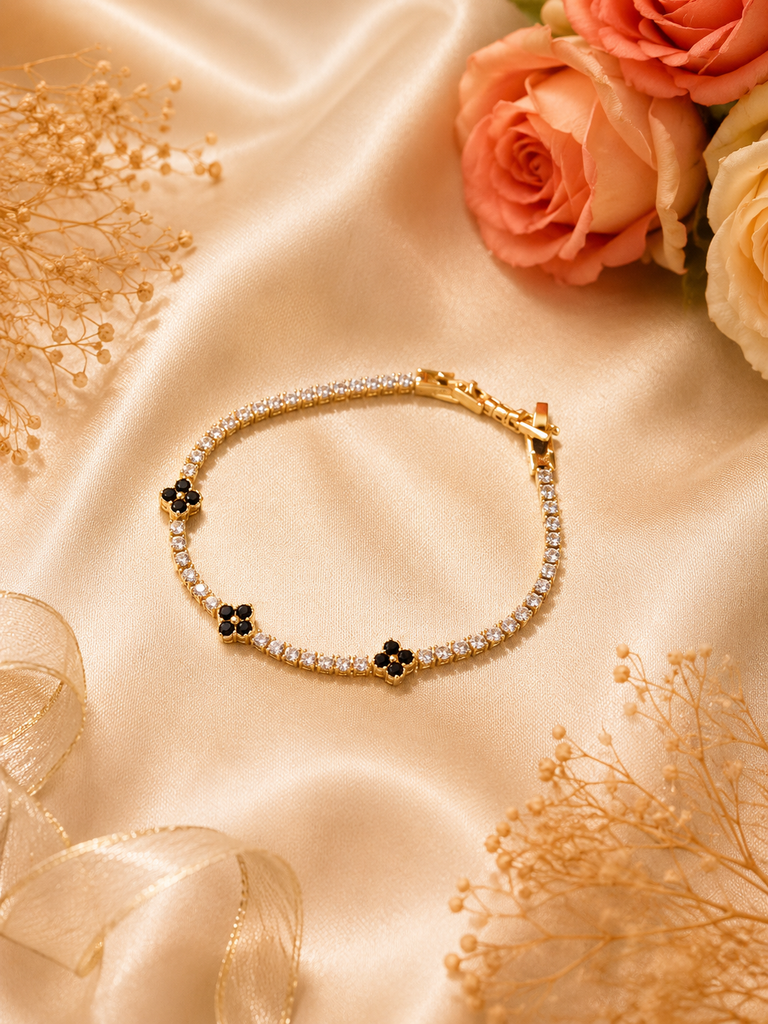Black Crystal & Zircon Floral Tennis Bracelet (Anti-Tarnish)