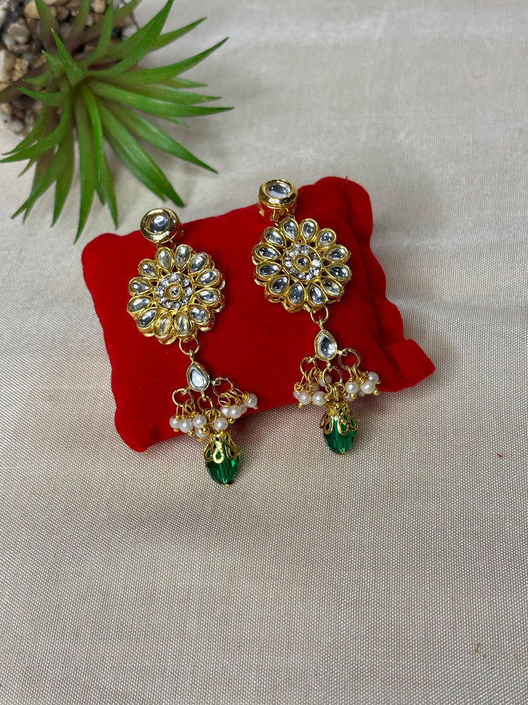 Green Crystal Kundan Drop Earrings