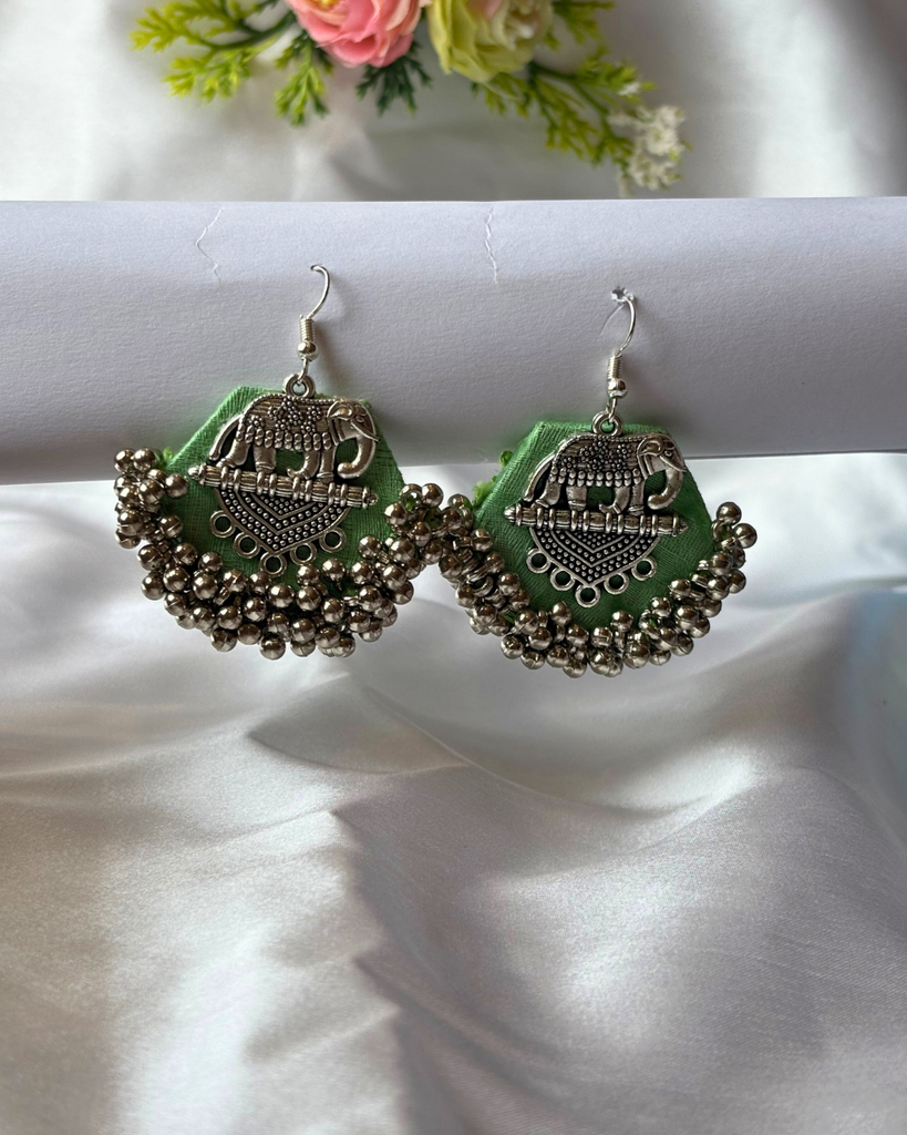 Green Fabric Earrings with Elephant Pendant
