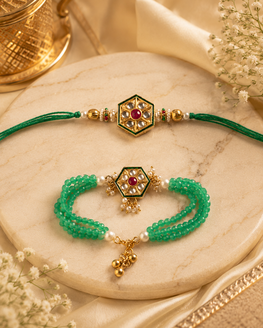 Emerald Kundan Couple Bracelet Rakhi Set