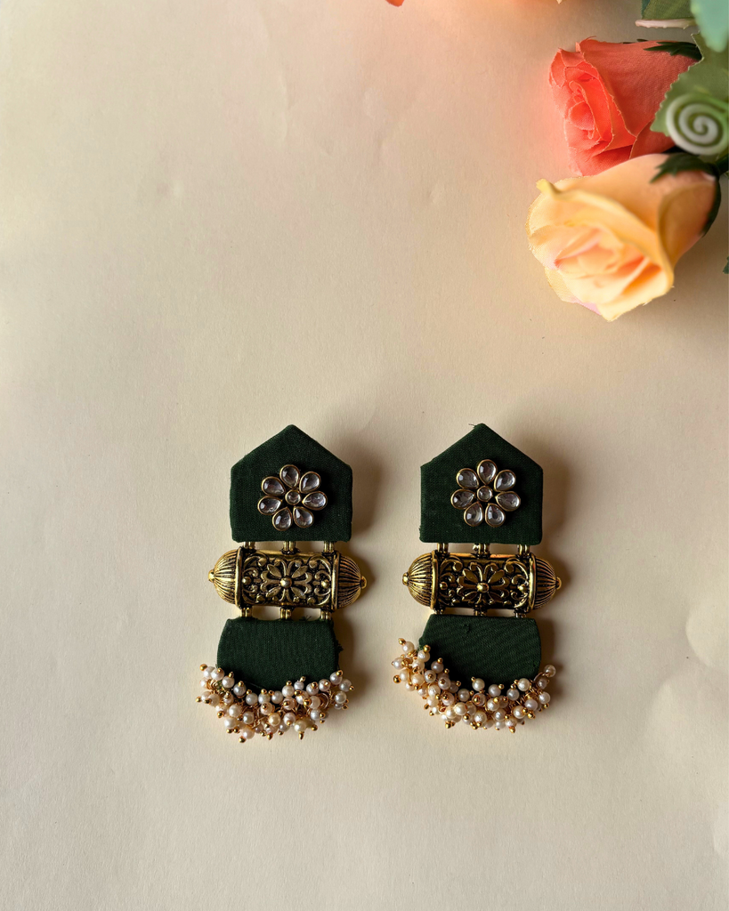 Green Golden Taveez Fabric Earrings