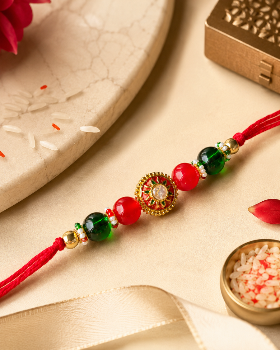 Traditional Red & Green Beaded Rakhi