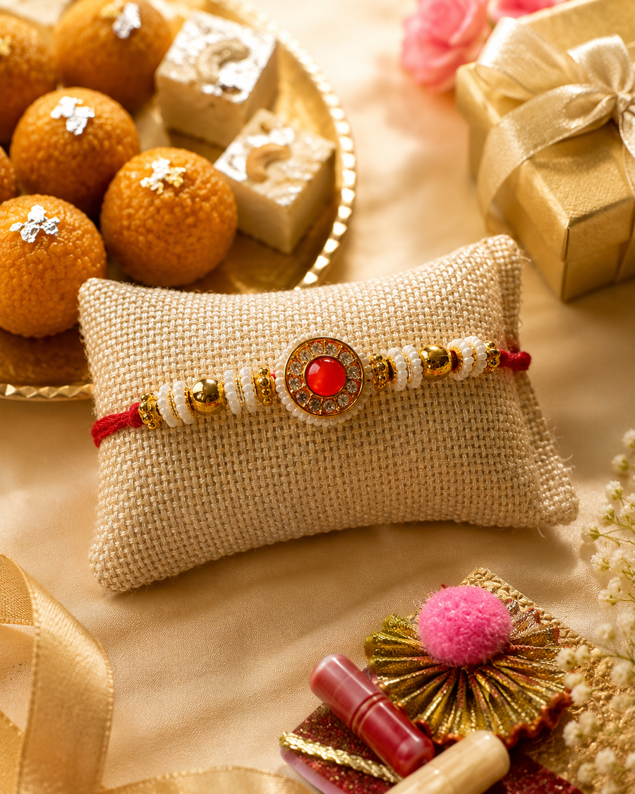Red Kundan Pearl Rakhi