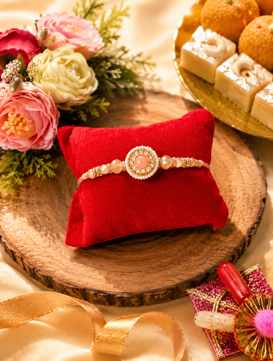 Peach Kundan Pearl Rakhi