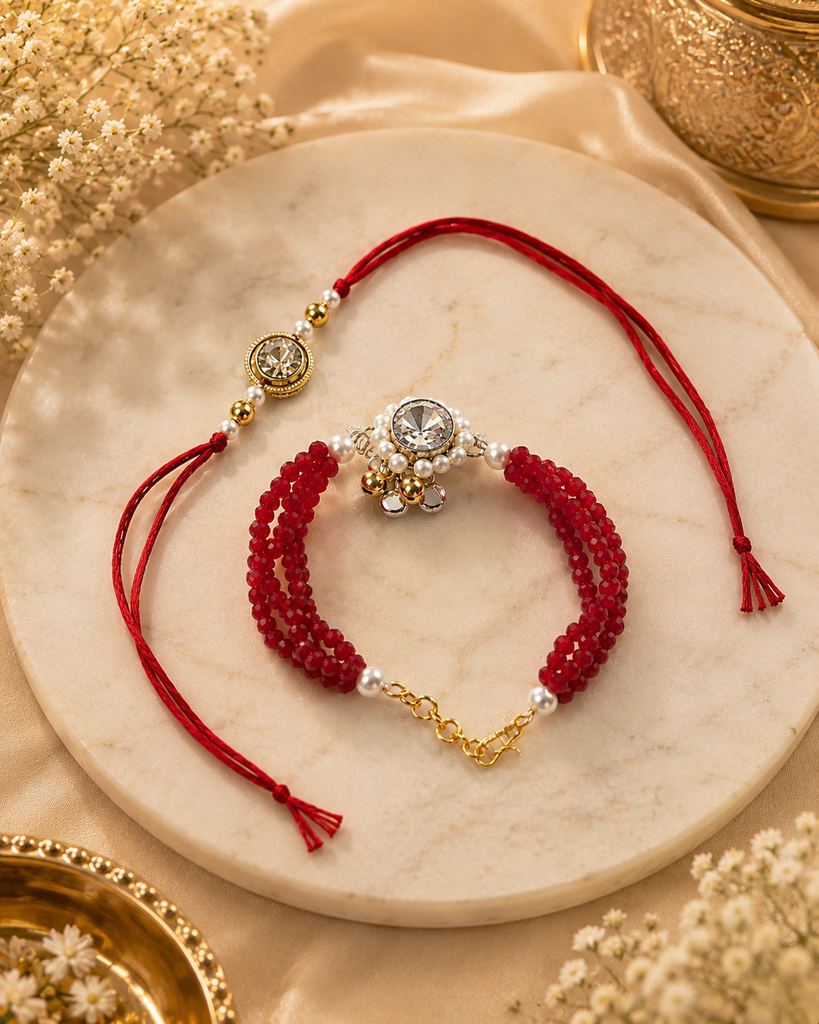 Ruby Crystal Couple Bracelet Rakhi Set