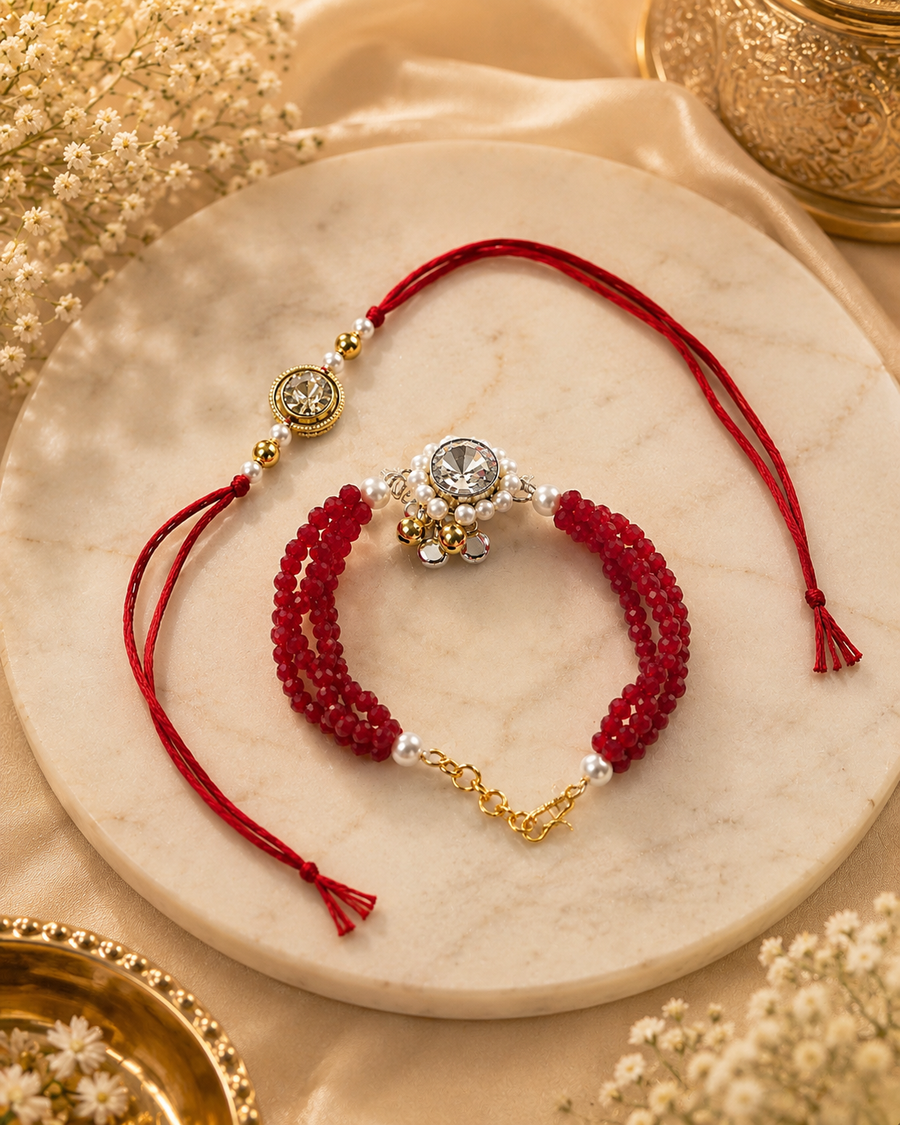 Ruby Crystal Couple Bracelet Rakhi Set