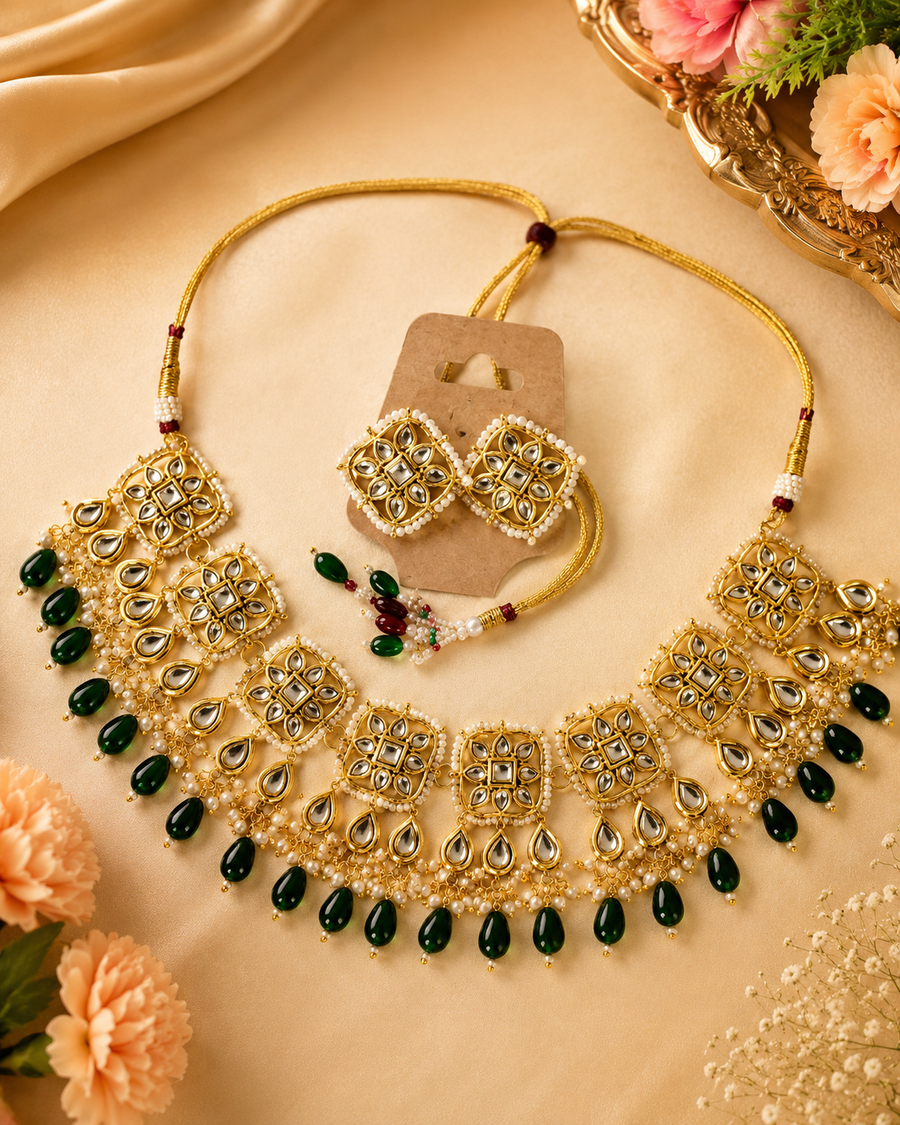 Green Beads Kundan Necklace with Earrings