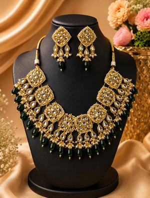 Green Beads Kundan Necklace with Earrings
