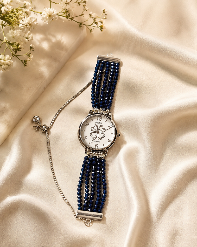 Denim Blue Beaded Bracelet Watch