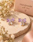 Pink Crystal Bow Pearl Earrings