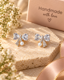 White Crystal Bow Pearl Earrings
