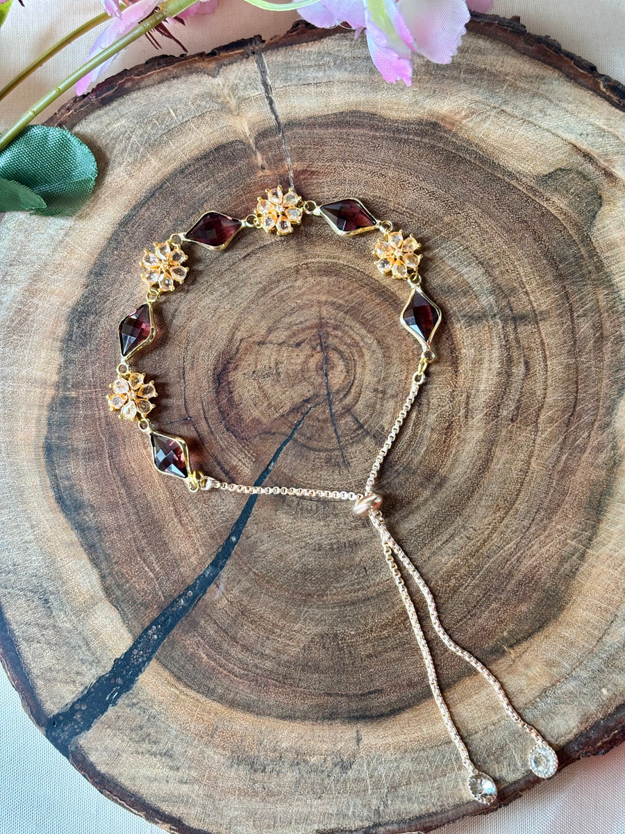 Maroon Crystal Floral Adjustable Bracelet