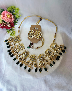 Green Beads Kundan Necklace with Earrings