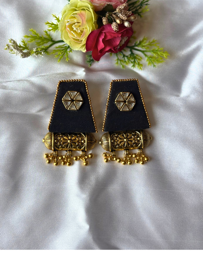 Black Fabric Earrings with kundans